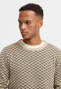 Suéter de punto beige con un patrón texturizado, que presenta acentos en marrón oscuro. El cuello redondo tiene un ribete acanalado.