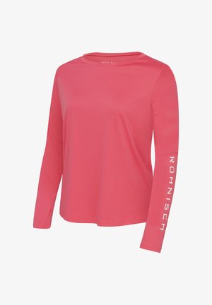 Rosa Langarmshirt aus leichtem Stoff. Verfügt über einen Rundhalsausschnitt und ein vertikal auf dem linken Ärmel in Weiß aufgedrucktes Logo.