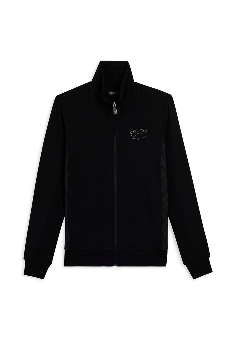 Veste noire zippée en tissu doux, avec un col haut, des poignets côtelés et un discret logo sur le devant.