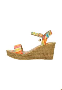 Sandalo a zeppa colorato con suola in juta intrecciata. Dotato di cinturino regolabile con fibbia in metallo, parte superiore multicolore texturizzata e design open toe.
