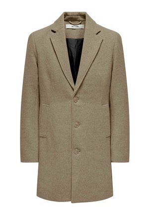 Bézs gyapjú keverék férfi ballonkabát jegyes gallérral, három gombbal, oldalzsebekkel és fekete bélésű belső résszel.