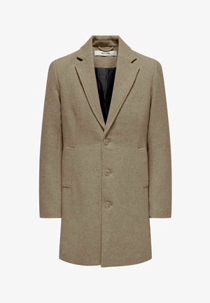 Beige wool blend men's overcoat with notch lapels, three buttons, side pockets, and black inner lining.