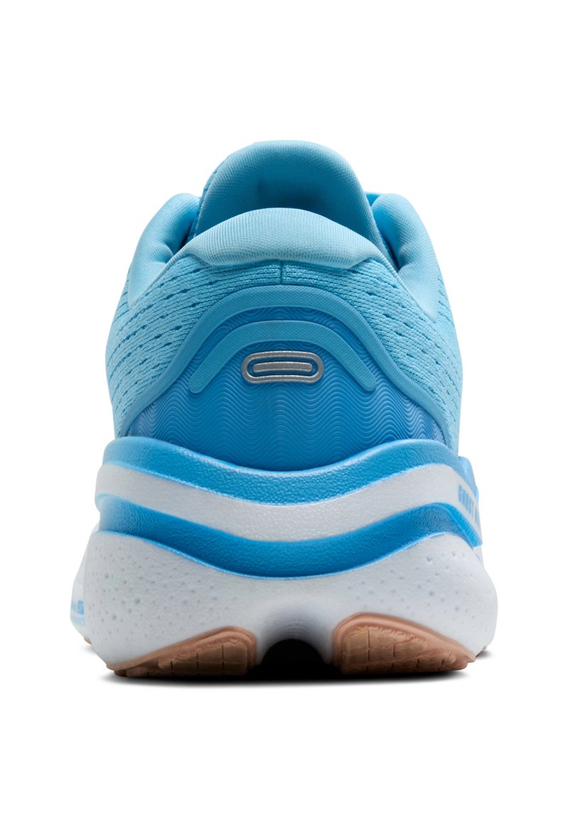 Blaue Sportschuh mit strukturiertem Obermaterial, gepolstertem Schaft und weißer Zwischensohle mit blauen Akzenten. Gummisohle mit gerilltem Muster.