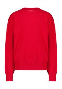 Red knitted sweater with a round neckline, dropped shoulders, and ribbed cuffs and hem. Soft texture with a loose fit design.
