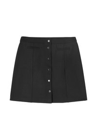 Jupe noire mi-longue avec des boutonnières à l'avant et deux poches horizontales près de la taille.