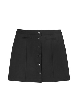 Jupe noire mi-longue avec des boutonnières à l'avant et deux poches horizontales près de la taille.