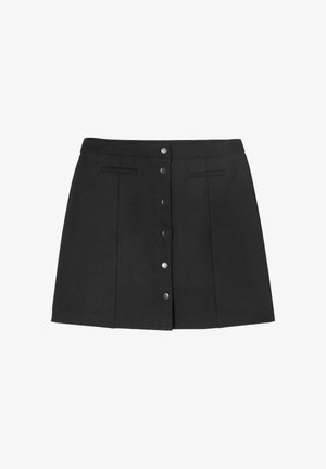 Jupe noire mi-longue avec des boutonnières à l'avant et deux poches horizontales près de la taille.