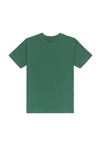 Zielona bawełniana koszulka z okrągłym dekoltem, krótkimi rękawami i gładką fakturą. Widok z tyłu nie ma grafik ani ozdób.