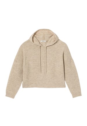 Hoodie beige en maille avec manches longues, capuche avec cordon de serrage, bordures côtelées aux poignets, à l'ourlet et au col, étalé à plat sur un fond blanc.