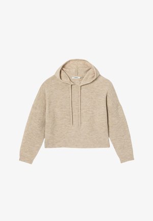 Hoodie beige en maille avec manches longues, capuche avec cordon de serrage, bordures côtelées aux poignets, à l'ourlet et au col, étalé à plat sur un fond blanc.