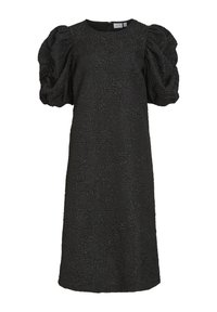 Μαύρη φόρεμα με υφασμάτινο λουλουδάτο μοτίβο, φουσκωτά μανίκια και στρογγυλή λαιμόκοψη. Σχεδίαση μήκους γονάτου με διακριτική πίσω φερμουάρ.