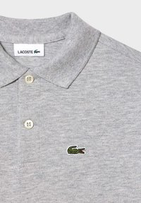 Polo grigio con colletto, due bottoni e piccolo logo di coccodrillo ricamato di colore verde sul petto. Tessuto in morbido cotone misto.