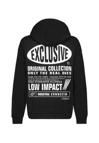 Black hoodie with a drawstring hood, featuring bold white text graphics on the back, including phrases like "EXCLUSIVE" and "LOW IMPACT."