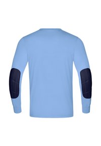 Chemise à manches longues bleu clair avec des patchs de coudes rembourrés bleu foncé et un col rond, fabriquée à partir d'un tissu lisse.