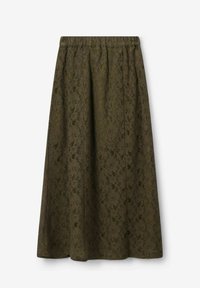 Olijfgroene kanten rok met een elastische tailleband, voorzien van een bloemenpatroon en een vloeiende uitstraling die net onder de knie valt.