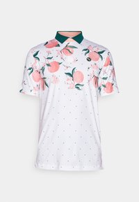 Poloko s krátkým rukávem v bílé barvě s růžovým ovocným a květinovým vzorem. Zelený límeček, slim fit a tečkované detaily po celém povrchu. Hladká textilie.