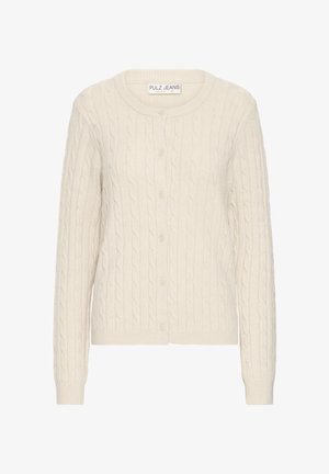 Krém színű, kötött kardigán kerek nyakkal és elől gombos záródással. Bordás mandzsettákkal és szegéllyel, puha textúrával és könnyű kivitelezéssel rendelkezik.