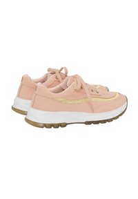 Schuhe: rosa Wildledersneaker mit goldenen Akzenten, runde Zehenpartie, gepolsterter Innenraum, weiße Zwischensohle und durchsichtige Gummisohle.