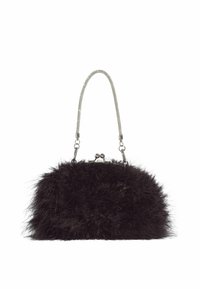 Juodos dirbtinės kailio rankinė su apvalia forma, metalinio grandinėlės rankena ir sagties uždarymu. Minkšta tekstūra su pūkuota išvaizda.