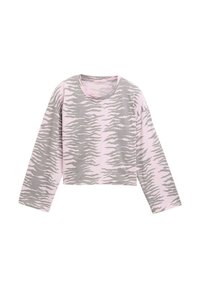 Langærmet cropped top i pink med et grå tigerstribemønster. Fremstillet af et blødt materiale med en rund halsudskæring og en afslappet pasform.