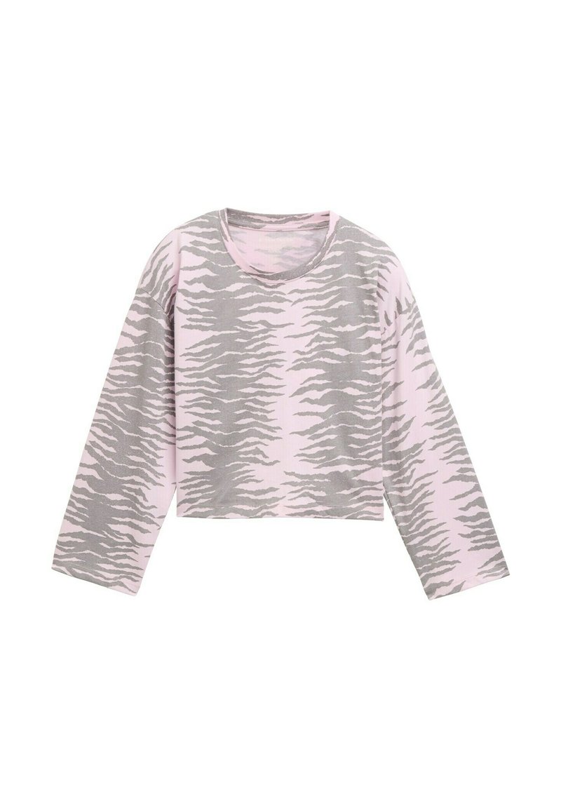 Langærmet cropped top i pink med et grå tigerstribemønster. Fremstillet af et blødt materiale med en rund halsudskæring og en afslappet pasform.