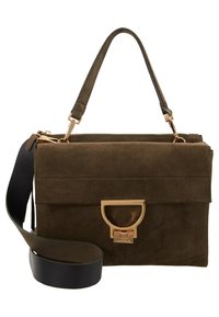 Brązowa zamszowa torebka z zapięciem w kolorze złotym. Posiada górny uchwyt oraz odpinany czarny skórzany pasek na ramię. Kształt prostokątny.