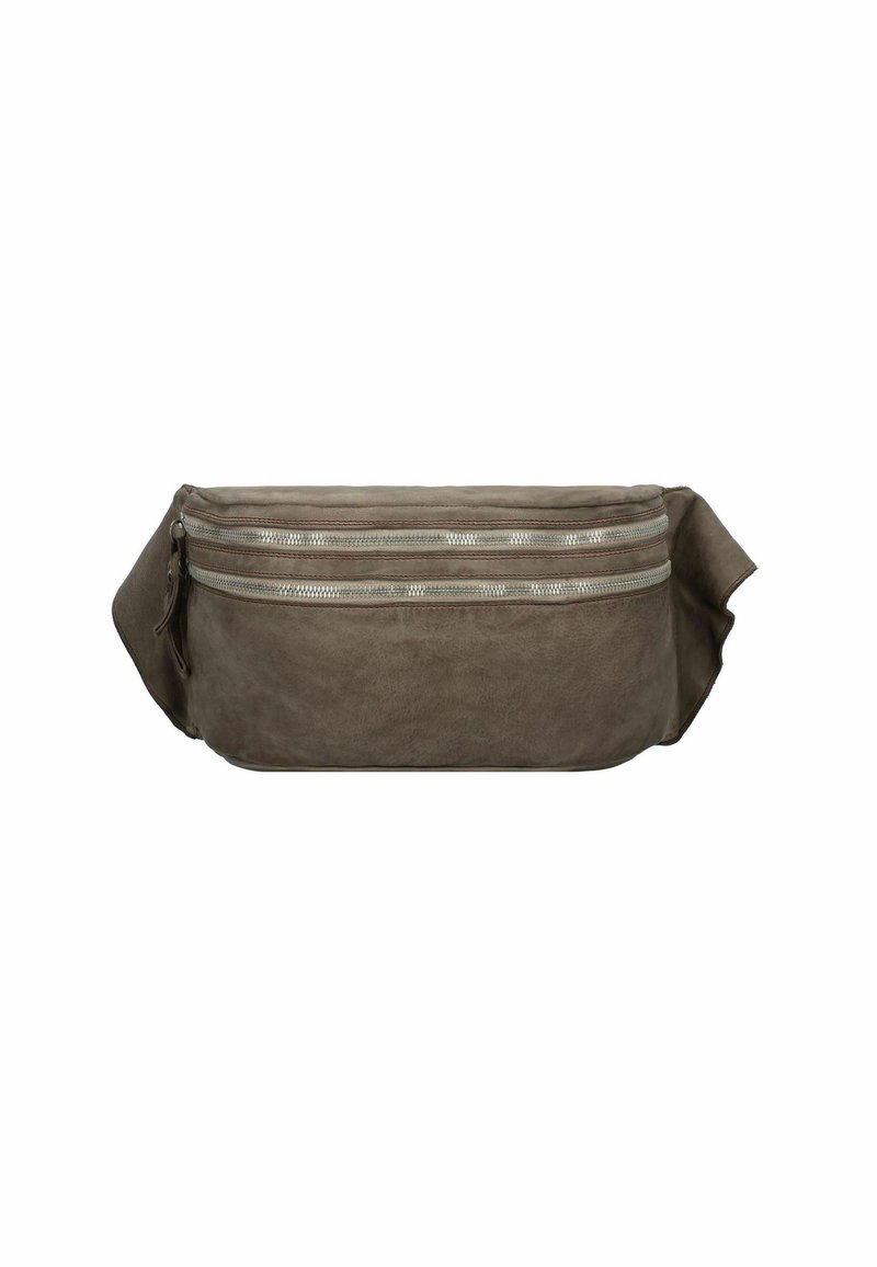 Marsupio rettangolare in pelle grigia con due scomparti con zip e un attacco laterale. Texture liscia con una finitura opaca.
