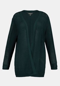 Tmavě zelený cardigan s otevřeným pletením, má výstřih do V, dlouhé rukávy a žebrované zakončení. Obsahuje texturovaný vzor po celé látce.