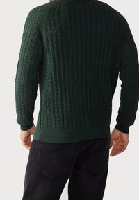 Maglione lavorato a maglia di colore verde scuro con un motivo a treccia testurizzato, polsini e orlo a costine. Indossato con jeans neri. Vista posteriore.