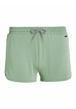 Shorts de bain verts avec une taille élastique. Présentent un cordon de serrage à rayures noires et blanches et un logo discret sur le côté.