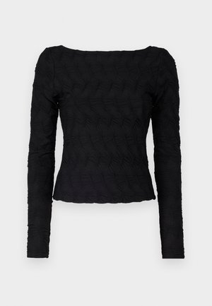 Top negru cu mâneci lungi, având un model texturat, ondulat. Are un decolteu pătrat și un design mulat în zona taliei, realizat dintr-un material elastic.