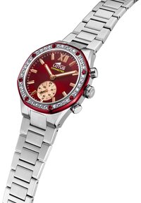 Reloj de acero inoxidable plateado con caja octagonal, esfera roja, acentos en oro rosa, bisel de cristal y pulsera de eslabones. Presenta un sub-dial de cronógrafo.