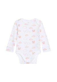 Långärmad vit babybody med ljusbruna björn- och molnmönster. Mjuk bomullstyg med tryckknapp längst ner.