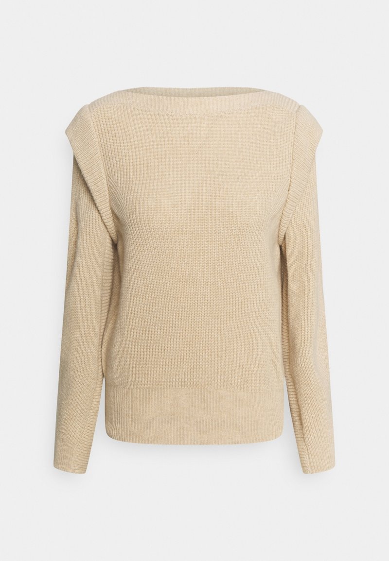 Pull beige en maille avec manches longues et large encolure bateau, présentant un motif côtelé texturé et des détails structurés aux épaules.
