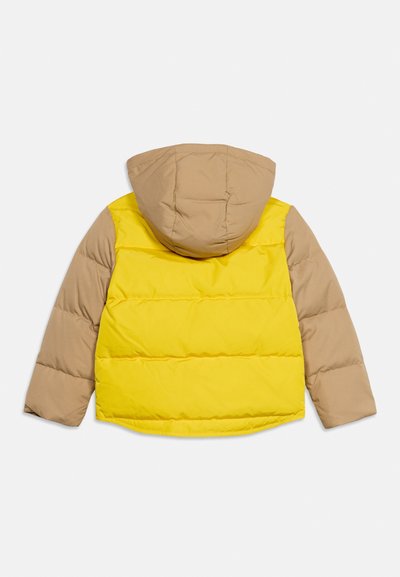 Veste puffer pour enfant avec corps jaune, manches beiges et capuche vue de dos sur fond blanc.