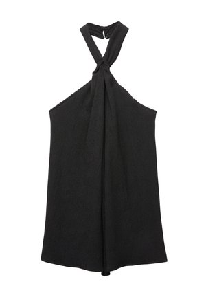 Schwarzes ärmelloses Oberteil mit einem geknoteten Halterneck und einer lockeren Silhouette. Hergestellt aus strukturiertem Stoff, mit einem dezenten Glanz und Knopfverschluss.