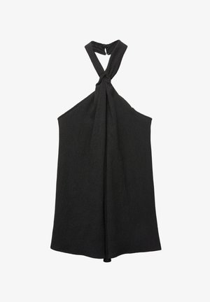 Black sleeveless top with a knotted halter neck and a loose silhouette. Made from textured fabric, featuring a subtle sheen and button closure.