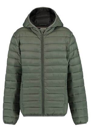 Veste matelassée verte à capuche avec fermeture éclair complète à l'avant, deux poches latérales et patch logo sur la manche gauche.