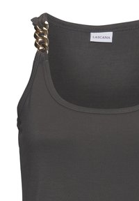 Dark gray tank top featuring a scoop neckline and chain accents on the shoulder straps, made from a smooth, stretchy fabric.