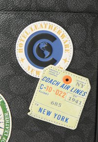 Schwarze strukturierte Oberfläche mit runden und rechteckigen Gepäcketiketten. Die Etiketten weisen farbenfrohe Grafiken auf: ein Logo mit einem Globus und Flugdaten in Blau und Orange.