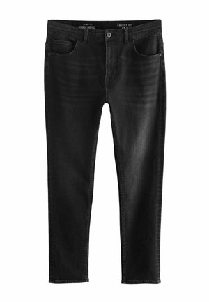 Schwarze Skinny-Fit-Jeans aus Denim mit Fünf-Taschen-Design, subtilen Waschungen und standardmäßiger Knopfverschluss am Bund.