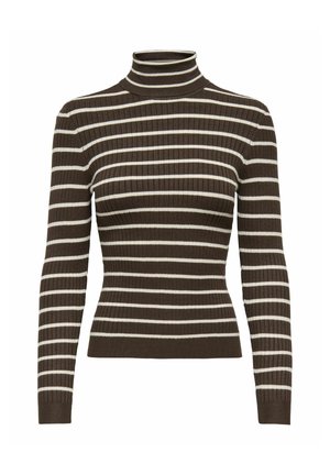 Brun ribstrikket rullekravesweater med lange ærmer og horisontale hvide striber, tætsiddende pasform, ingen synlige lukninger eller dekorationer.