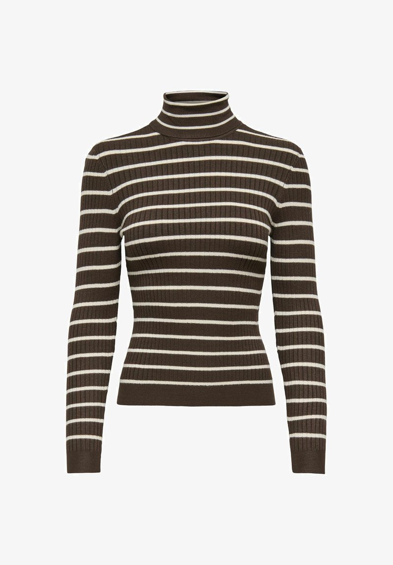 Pull col roulé marron en maille côtelée avec manches longues et rayures horizontales blanches, coupe ajustée, sans fermetures ni décorations visibles.