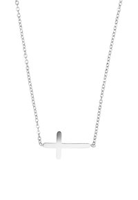 Zilveren ketting met een eenvoudige, platte kruisanhanger. De ketting heeft kleine, ovale schakels met een gladde, gepolijste afwerking.