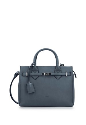 Dunkelgraue Lederhandtasche mit zwei Griffen, einem abnehmbaren Schulterriemen und einem horizontalen Riemen mit silbernem Drehverschluss vorne.