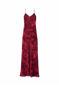 Vestido maxi rojo con flores y tirantes finos, hecho de una tela suave. Presenta un escote en V y una silueta fluida, adornado con patrones de hojas y flores.