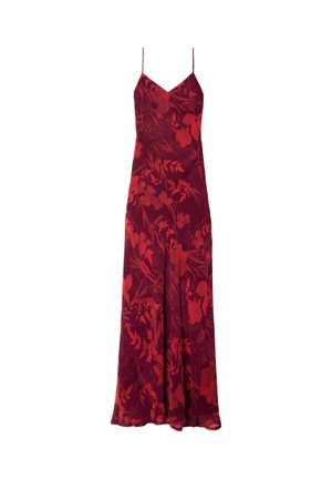 Vestido maxi rojo con flores y tirantes finos, hecho de una tela suave. Presenta un escote en V y una silueta fluida, adornado con patrones de hojas y flores.