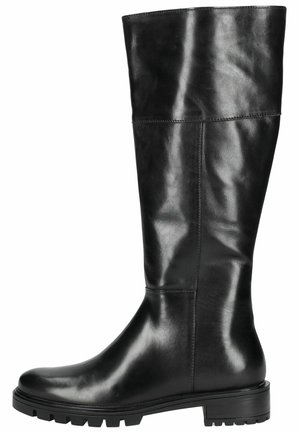 Bota negra de cuero hasta la rodilla con una textura lisa, punta redondeada, tacón bajo y un sutil detalle de costura a lo largo del tubo.