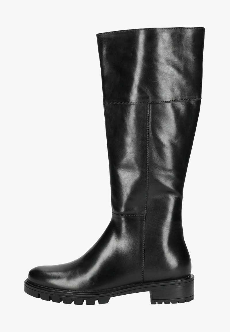 Bota negra de cuero hasta la rodilla con una textura lisa, punta redondeada, tacón bajo y un sutil detalle de costura a lo largo del tubo.