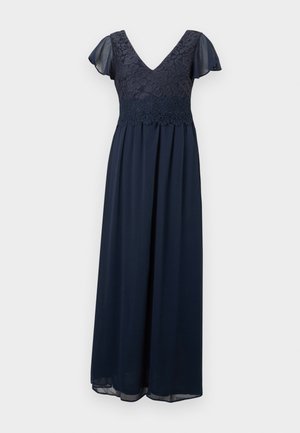 Abito lungo blu navy con corpetto in pizzo floreale, scollo a V e maniche corte svolazzanti trasparenti.